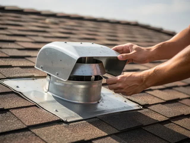 Belmont Dryer Vent Cleaning certified technician safely cleaning a roof-mounted dryer vent in Belmont