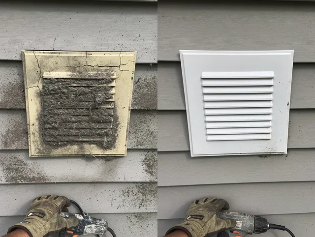 Belmont Dryer Vent Cleaning technician installing high-quality dryer vent cover at a residential property in Belmont