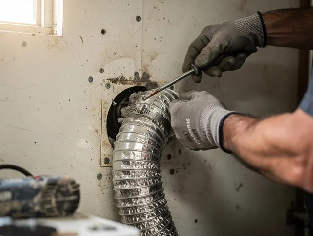 Belmont Dryer Vent Cleaning technician performing precise dryer vent hose installation in Belmont